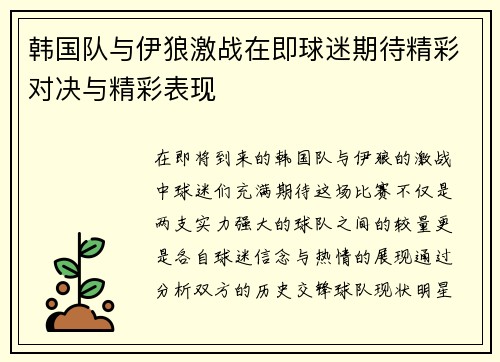 韩国队与伊狼激战在即球迷期待精彩对决与精彩表现